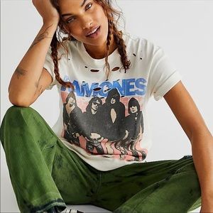 Daydreamer White Distressed Ramones Graphic Tee with Blue and Pink Print